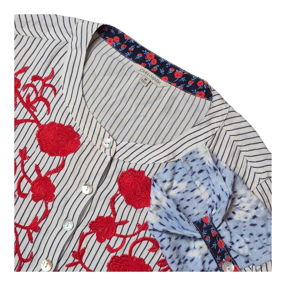 John Mark Women's M Boho Embroidered Tunic Top Striped Blue Mixed Print Floral